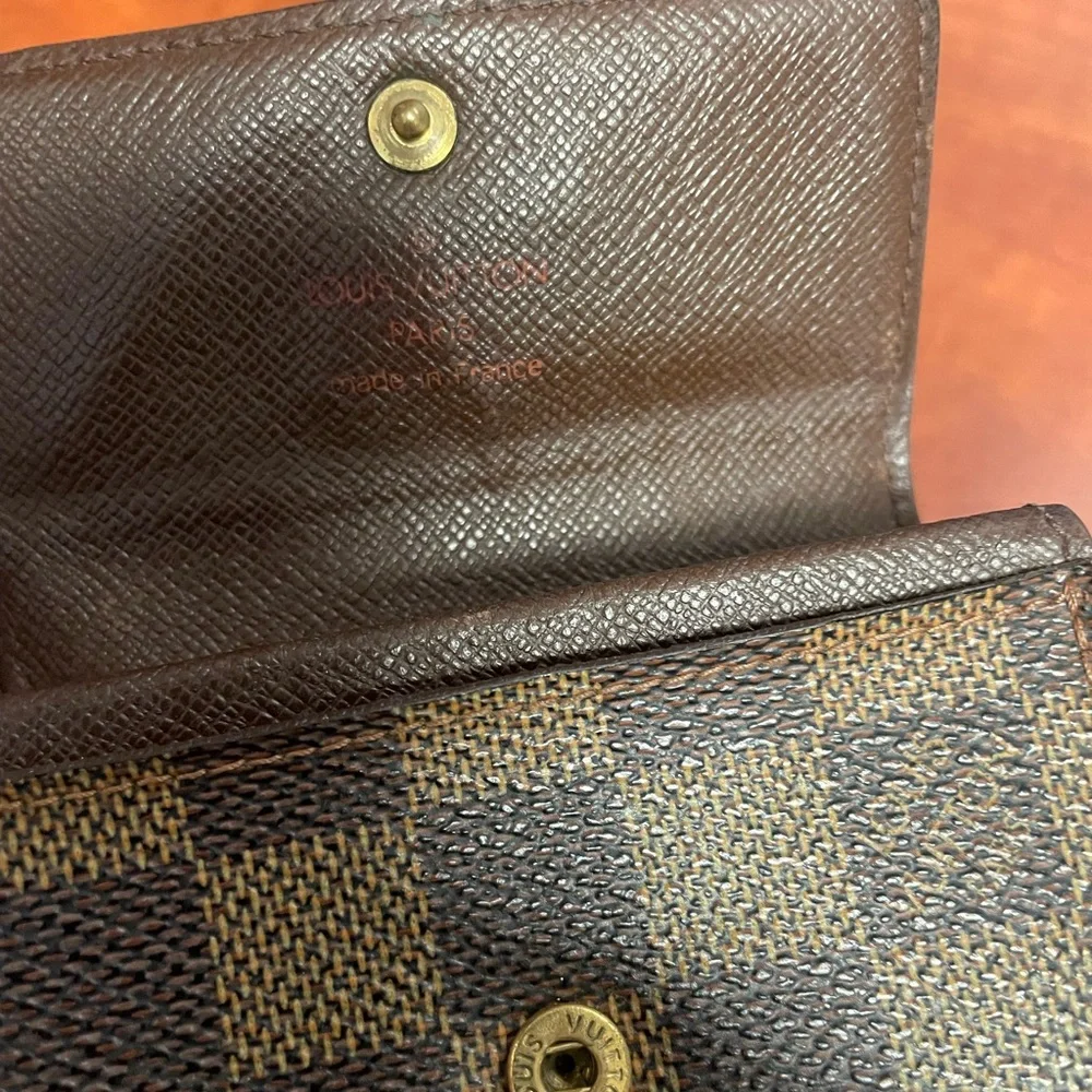 Louis Vuitton Damier Ebene Brown Checkered Compact Wallet with Gold Hardware